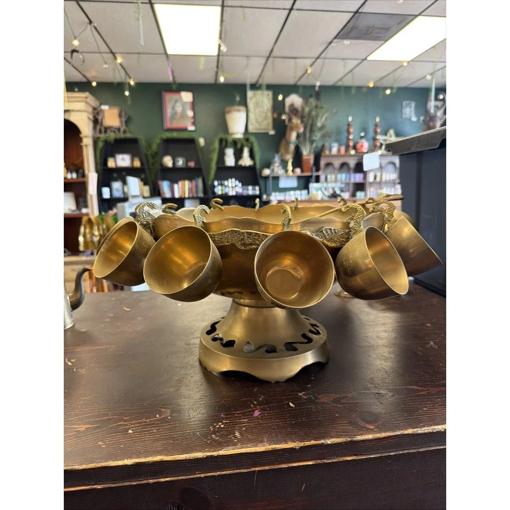 Vintage Brass Punch Bowl Set With 12 Cups and Ladle.